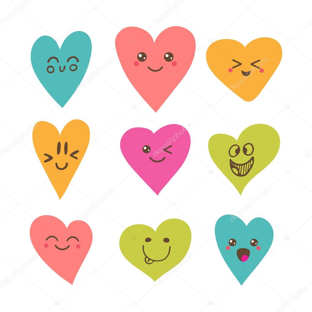 Funny happy smiley hearts. Cute cartoon characters. Bright vector set of heart icons. Creative hand drawn hearts with different emotions. Vector illustration