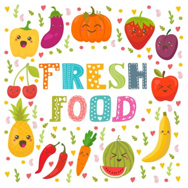 Fresh food. Healthy lifestyle. Cute happy fruits and vegetables