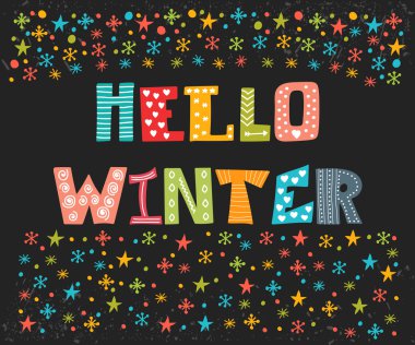 Hello Winter greeting card. Winter concept card. Cute postcard