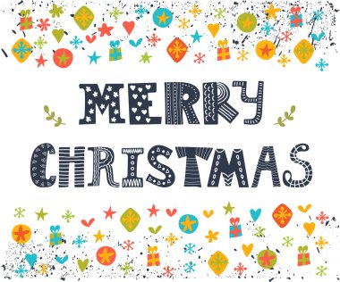 Merry Christmas greeting card. Cute postcard with hand drawn dec