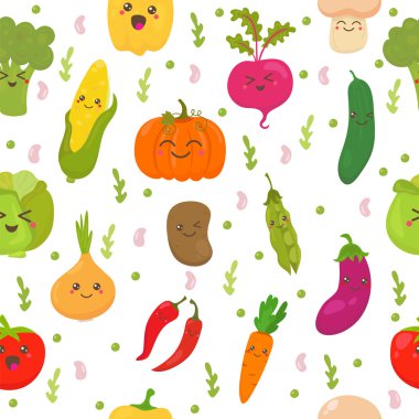 Seamless pattern with vegetables. Cute background. Happy vegetab