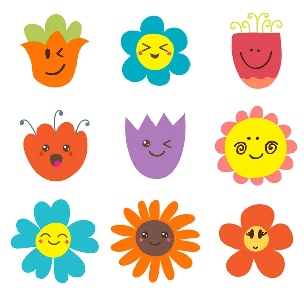 Cute happy flowers. Funny flowers collection — 스톡 벡터