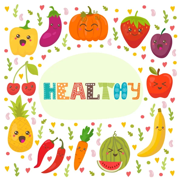 Healthy. Cute happy fruits and vegetables in vector. Healthy foo — Διανυσματικό Αρχείο