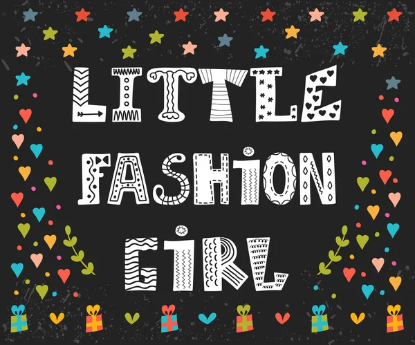 Little fashion girl card. Cute graphic for kids. Funny postcard — Stock vektor