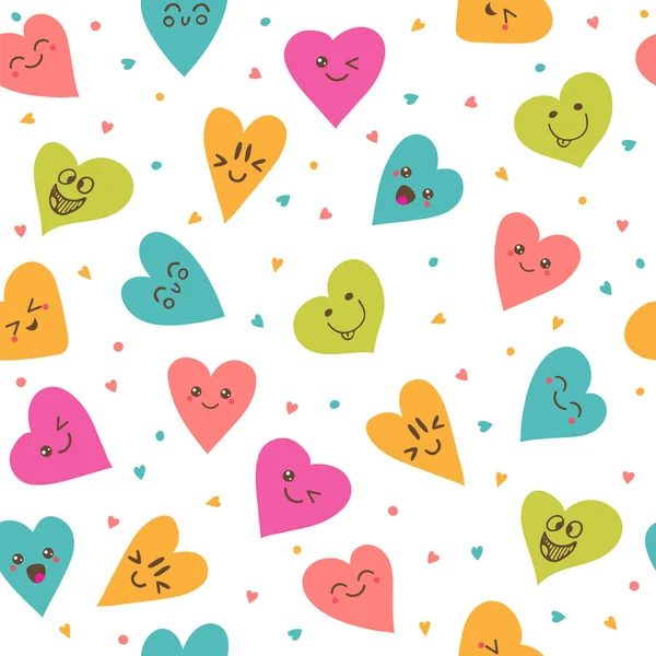 Seamless pattern with hand drawn smiley hearts. Cute cartoon cha — Stock vektor