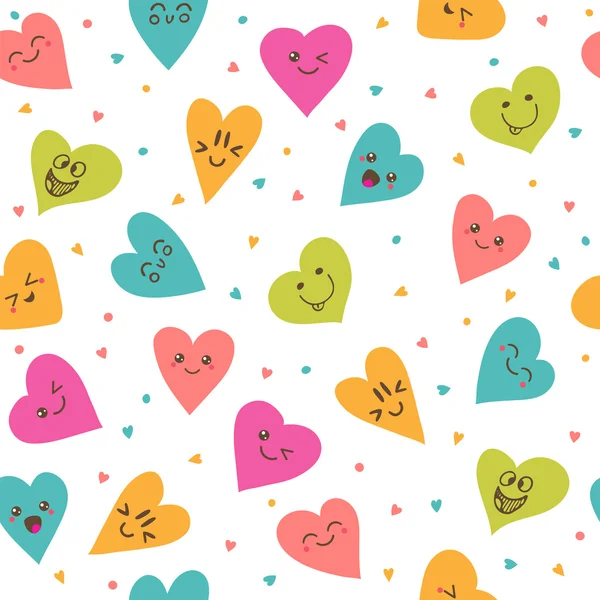 Seamless pattern with hand drawn smiley hearts. Cute cartoon cha — Διανυσματικό Αρχείο