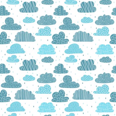Cute hand drawn seamless pattern with clouds. Funny background f