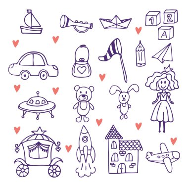 Çocukların oyuncakları. Elle çizilmiş doodle oyuncaklar kümesi