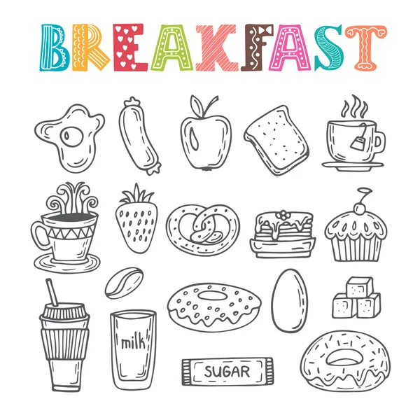 Hand drawn breakfast set. Collection of various sketches food an — Stock Vector