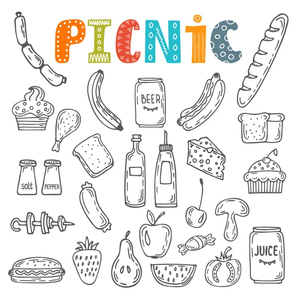 Handgezeichnete Picknick-Illustration. Sammlung verschiedener Skizzen f — Stockvektor