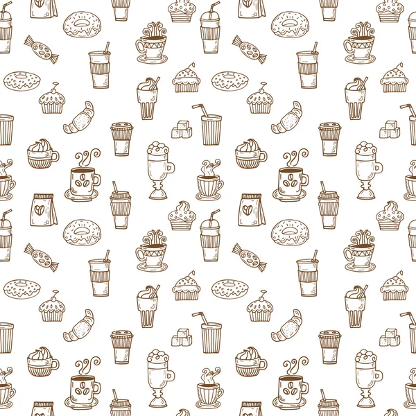 Dibujado a mano patrón sin costuras con tazas de café, donas, bea café — Vector de stock