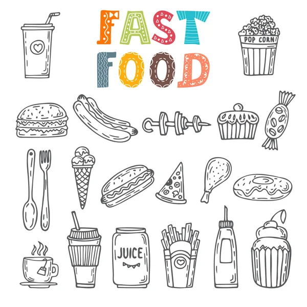 Set di fast food disegnato a mano. Raccolta di vari schizzi alimentari — Vettoriale Stock