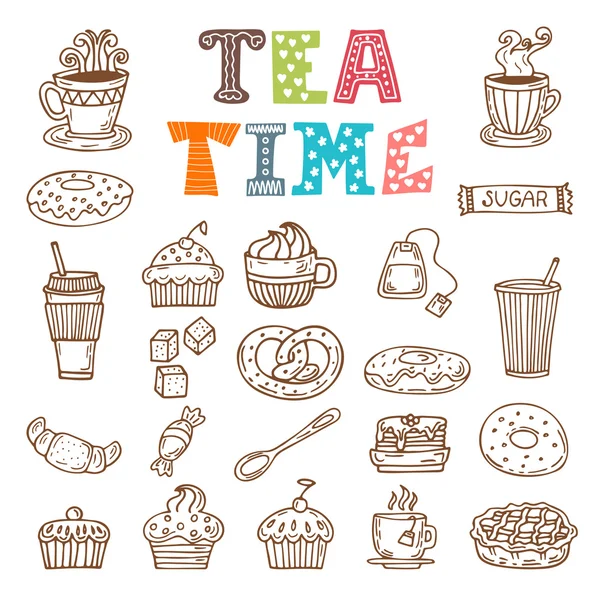 Tea time. Hand drawn tea and desserts — Stock Vector