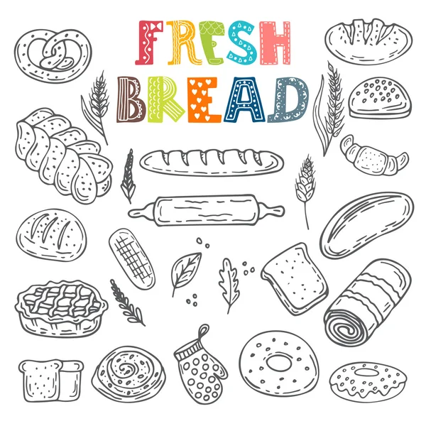 Recogida vectorial de pan fresco. Boceto dibujado a mano estilo panadería — Archivo Imágenes Vectoriales