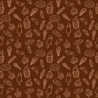 Hand drawn seamless pattern with cupcakes, sweets, bakery and de