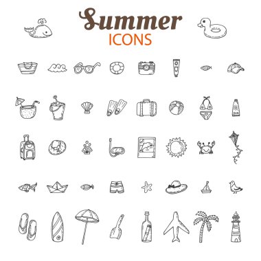 Hand drawn summer vector icon set. Beach icons collection. Vacat