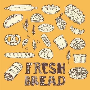 Hand drawn sketch style bakery set. Vector collection of fresh b