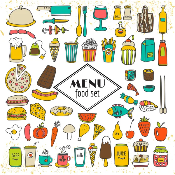 Collection of hand drawn food menu. Simple sketches of different — Stock Vector