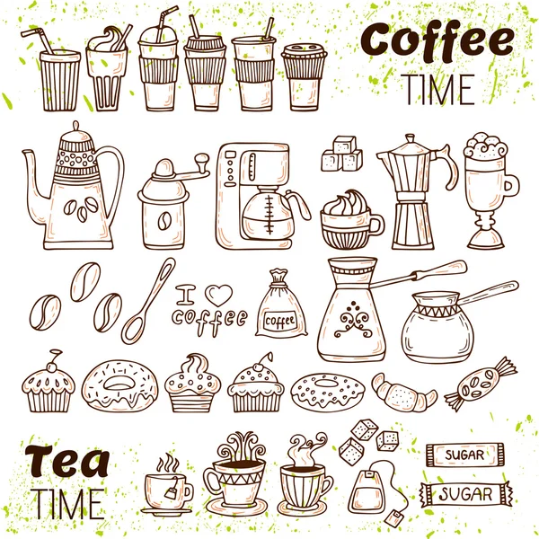 Hand draw coffee and tea collection. Sketch doodles coffee and t — Stock Vector