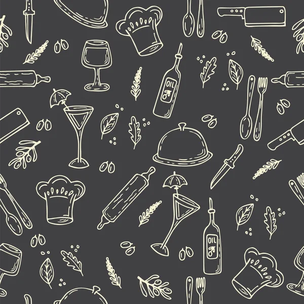 Hand drawn food seamless pattern. Sketch kitchen design elements — Stok Vektör