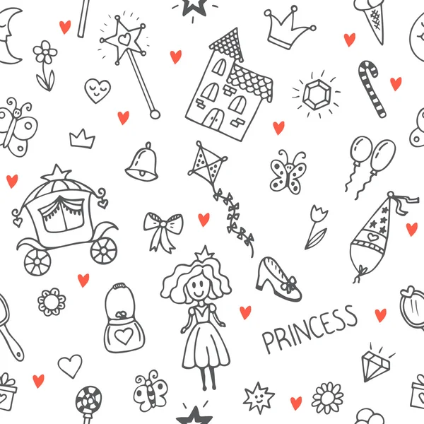 Hand drawn seamless pattern with princess girl doodle design ele — 스톡 벡터