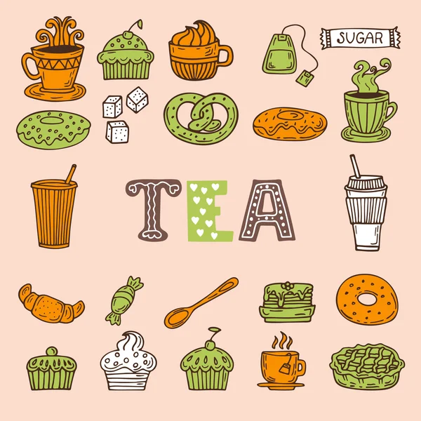 Hand drawn tea and desserts. Tea time — Stock Vector