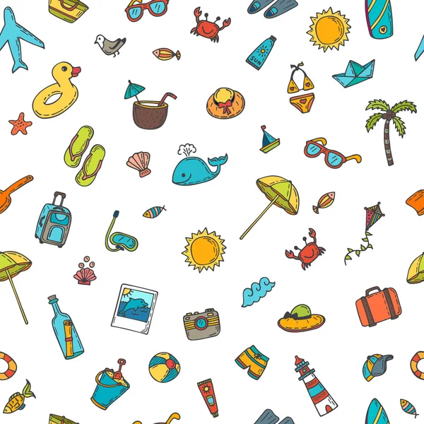 Seamless summer pattern with hand drawn beach icons. Vector beac — Stock vektor