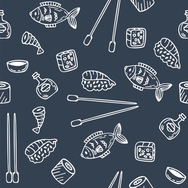 Sushi y rollos de patrón sin costura. Dibujo dibujado a mano foo japonés — Vector de stock