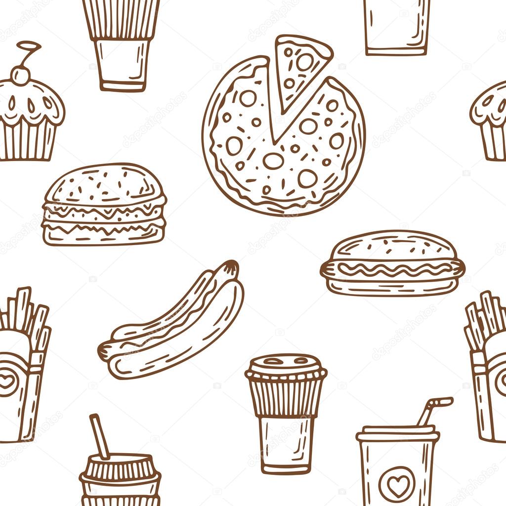 Fast food seamless pattern. Hand drawn food background. Hot dog,