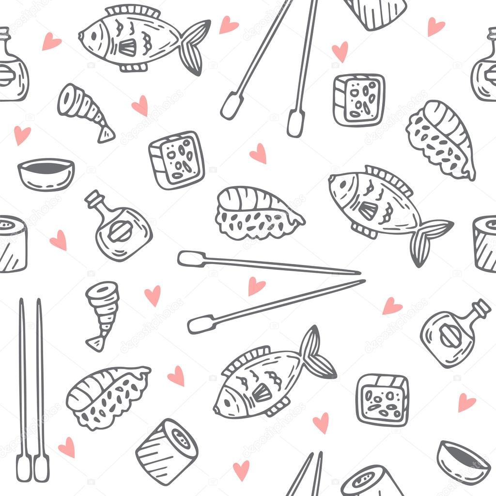 Sushi and rolls seamless pattern. Sushi texture. Hand drawn sket