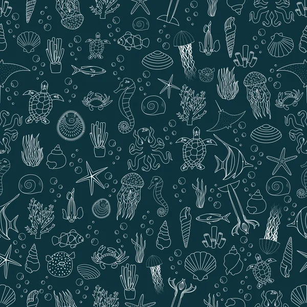Deniz hayatı, balıklar, Deniz anası, mercanlar, deniz kabuklarını ve deniz bitki vektör seamless modeli. Vektör çizim. Tropikal balık. Kullanım için duvar kağıdı, desen dolgularını, web sayfası arka planı.