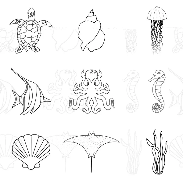 Kumpulan tangan makhluk laut ditarik dalam gaya mono modern pada background.Vector putih terpencil ikan pari, ikan, kuda laut, gurita, kerang, rumput laut dan penyu . - Stok Vektor