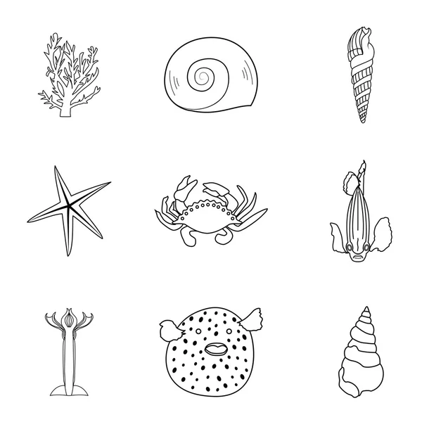 Elle çizilmiş deniz canlılarının izole beyaz zemin üzerine çağdaş mono çizgi stilinde topluluğu. Vektör yengeç, deniz yıldızı, balık, kalamar, mercan ve kabukları.