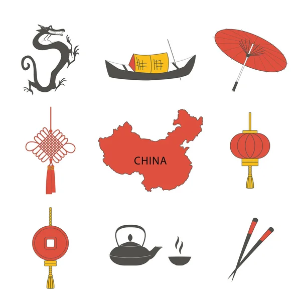 Çin Seyahat Asya geleneksel kültür simgeleri simgeleri izole vektör çizim ayarla.