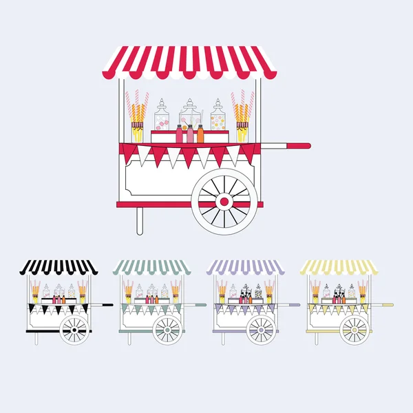 Candy kar markt Card. verkoop van snoep en snoep op straat. Vectorillustratie. — Stockvector