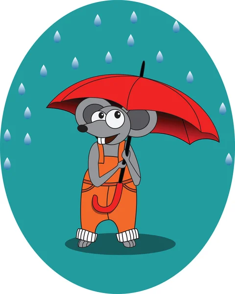 Myš v dešti na podzim s deštníkem - vektorové ilustrace, eps — Stockový vektor