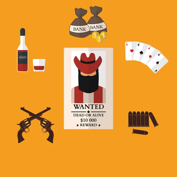 Vahşi batı kovboy düz simgeler silah para çanta şapka izole vektör çizim ile