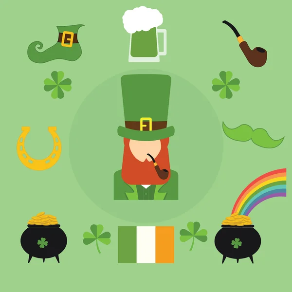 Ícones de ilustração vetor Feliz St. Patricks Day. Símbolos irlandeses tradicionais em estilo plano moderno. Elementos de design para cartaz irlandês, banner . — Vetor de Stock