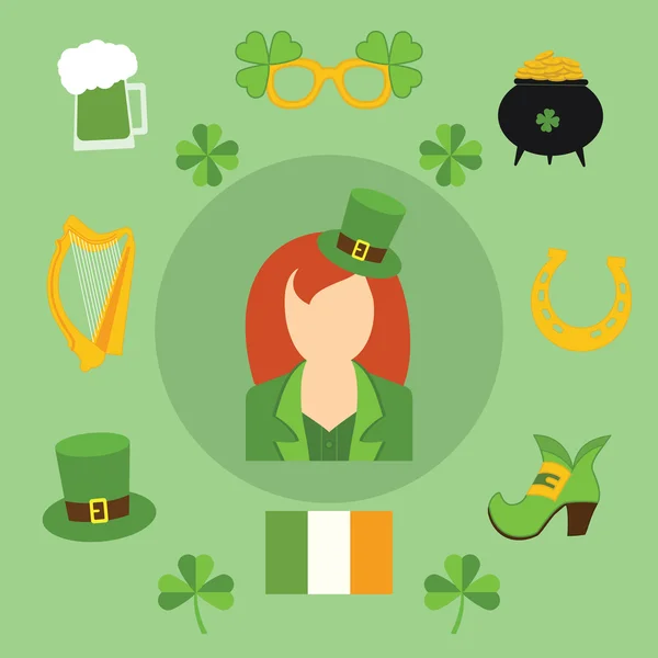 Feliz día de San Patricio iconos de ilustración vectorial. Símbolos irlandeses tradicionales en estilo plano moderno. Elementos de diseño para póster irlandés, pancarta . — Vector de stock