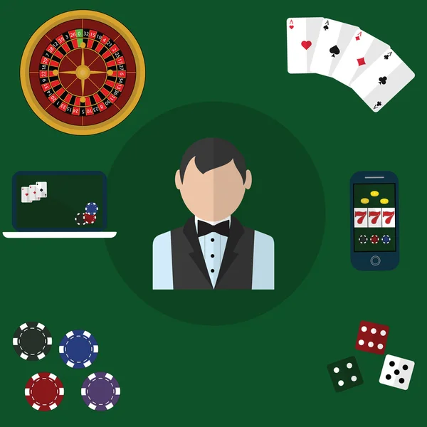 Renkli düz vektör illüstrasyon kavramı. Kaliteli düz tasarım. Kumar simgeleri, casino kutsal kişilerin resmi, poker simgeleri.