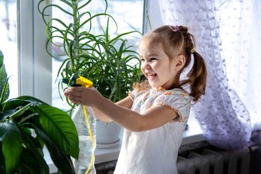 Kız kapalı alandaki çiçekleri spreyliyor. Çocukluktan beri bitkilerle ilgilenme kavramı.