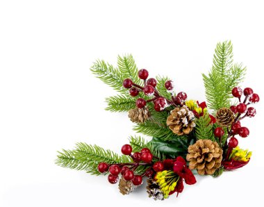 Beyaz arkaplanda kırmızı böğürtlenli dekoratif dalların Noel kompozisyonu.