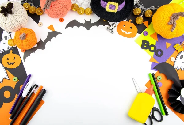 Halloween Background Top View Children Crafts Colored Paper Edges Space — Stock Photo, Image