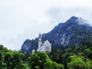 Neuschwanstein Kalesi, Almanya. Arka planda ağaçlar, bulutlar ve dağlar olan gölden görüntü