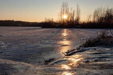 Koyu ağaçlar siluetleri, uzun gölgeleri ve berrak gökyüzü olan dondurucu, dondurucu, parlak gölgede turuncu gün batımı.