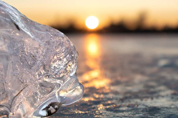 Gün batımında donmuş vahşi göl yüzeyinde ışıl ışıl parlayan şeffaf berrak buz. Seçici odak noktasında bulanık bir geçmişi olan soğuk kış doğası