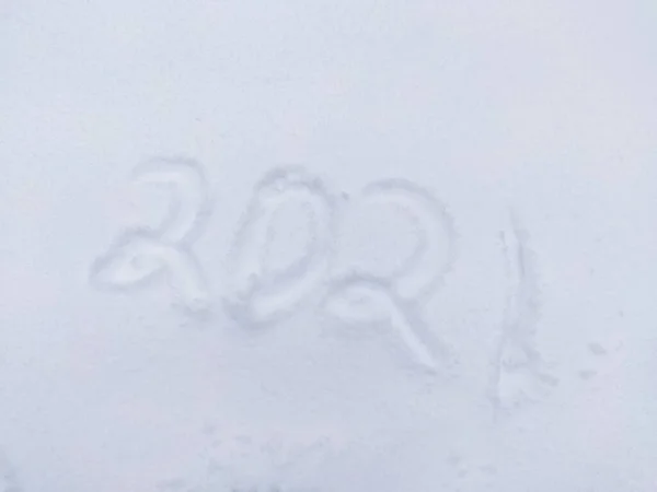 2021 Års Text Handskriven Vit Snö Vinter Nytt Bakgrund Med — Stockfoto