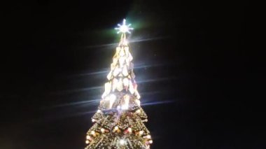 Büyük parlak yeni yıl tatillerinin ve siyah gökyüzü arka planındaki Noel ağacı süslemelerinin gece renkli aydınlatması