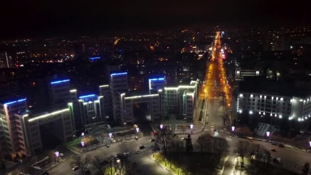 Aerial Night Left Right Panoramic View Holidays Illumination Lights Derzhprom — Stock Video