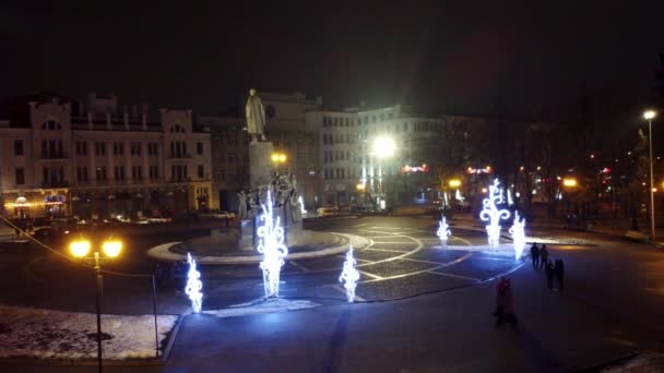Shevchenko City Garden Svobody Square Luchtfoto Nachtzicht Met Nieuwjaar Kerstvakantie — Stockvideo